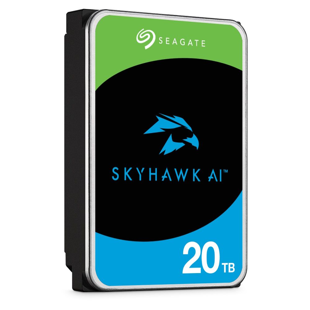 Linke zijkant en voorkant van de Seagate SkyHawk AI 20TB HDD 3.5" SATA harde schijf (ST20000VE002)