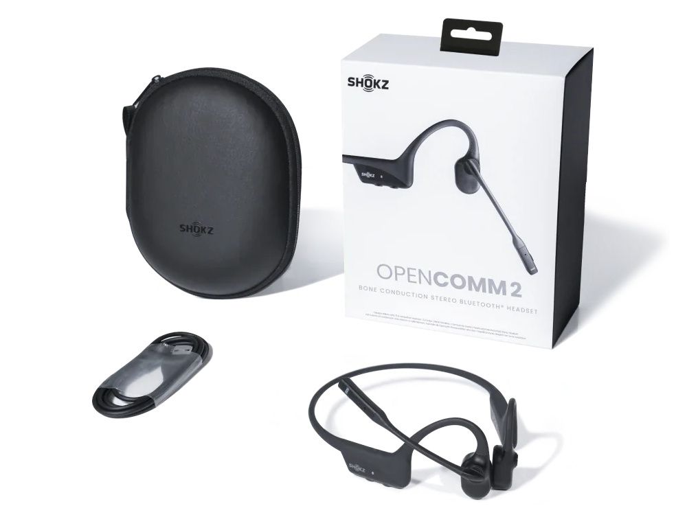 Verpakkingsinhoud van de dubbeloors Shokz OpenComm2 bone conduction open-ear headset