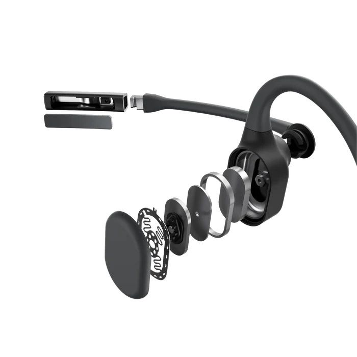 Binnenkant en onderdelen van de dubbeloors Shokz OpenComm2 bone conduction open-ear headset