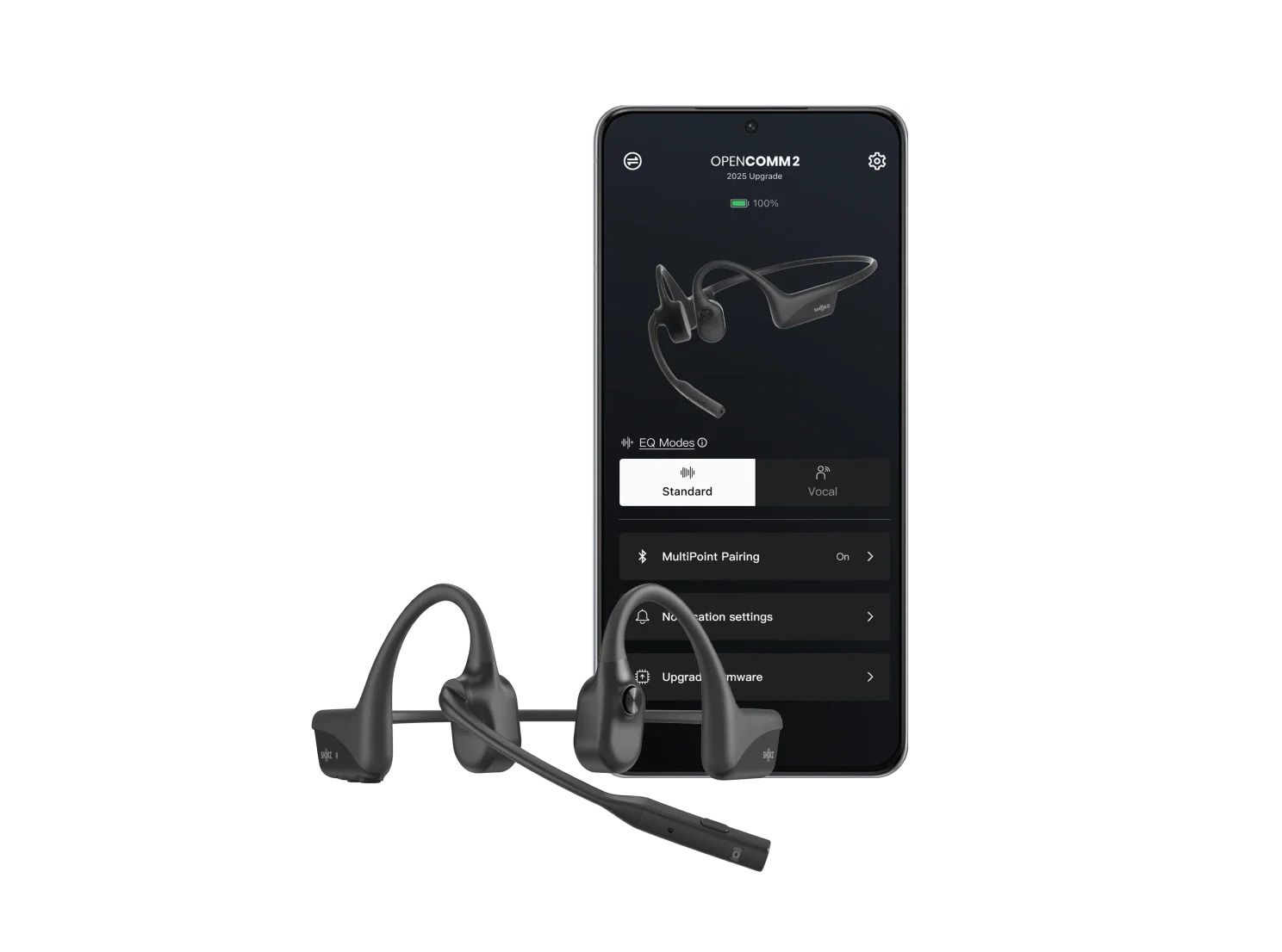 App bediening van de dubbeloors Shokz OpenComm2 bone conduction open-ear headset
