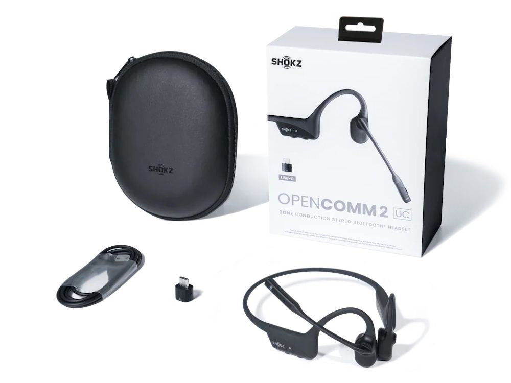 Verpakkingsinhoud van de Shokz OpenComm2 UC stereo headset met USB-C Bluetooth dongle