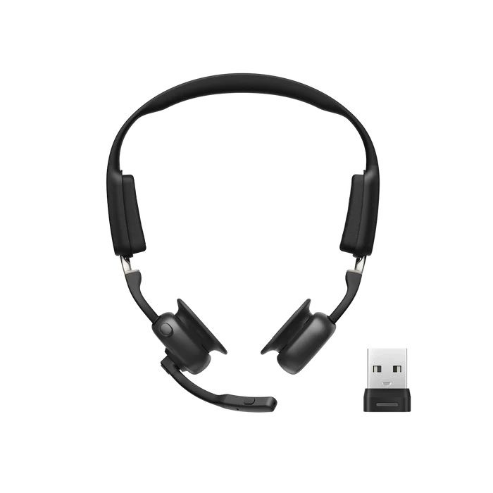 De professionele Shokz OpenMeet UC bone conduction en air conduction open-ear headset met USB-A dongle