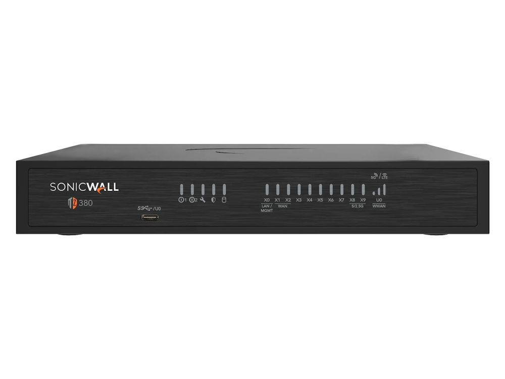 Voorkant van de SonicWall TZ380 High Availability Firewall met alle status leds