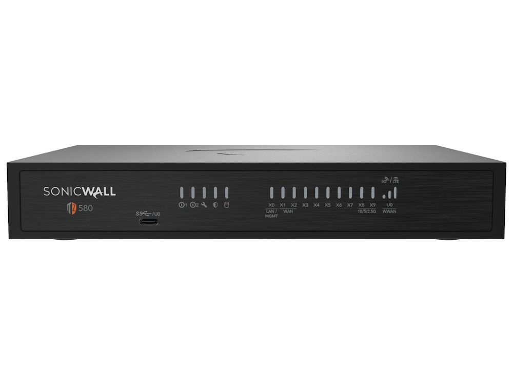 Voorkant van de SonicWall TZ580 High Availability Firewall met alle status leds