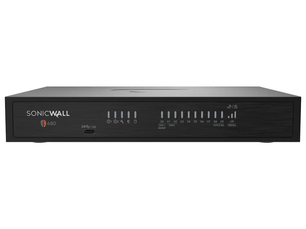Voorkant van de SoniecWall TZ680 High Availability firewall met status leds