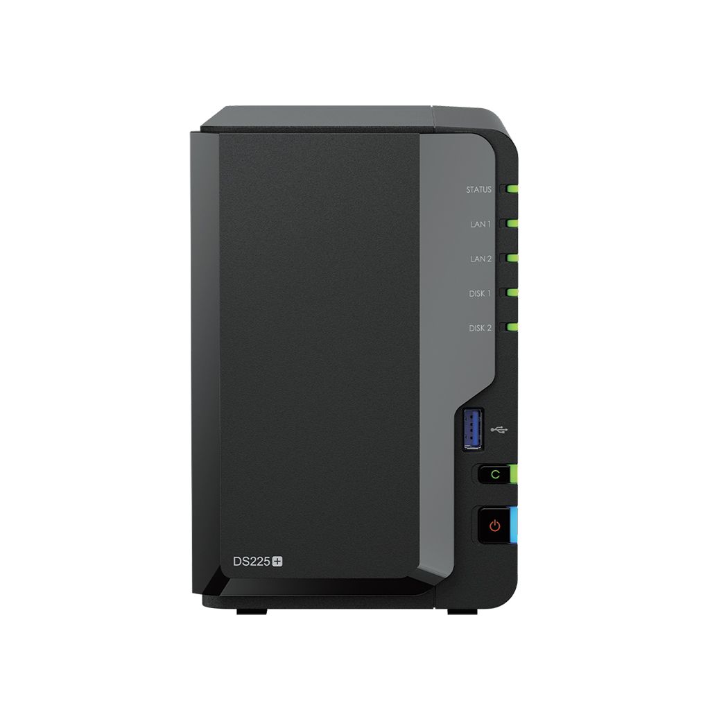 Voorkant van de Synology DiskStation DS225+ NAS en 2x 4TB HDD