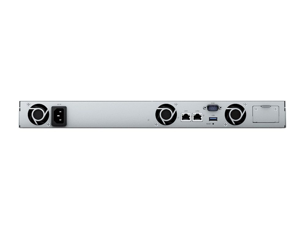 Achterkant van de Synology Rackstation RS422+ 4-Bay NAS met netwerkaansluitingen en stroomaansluiting en verntilatoren