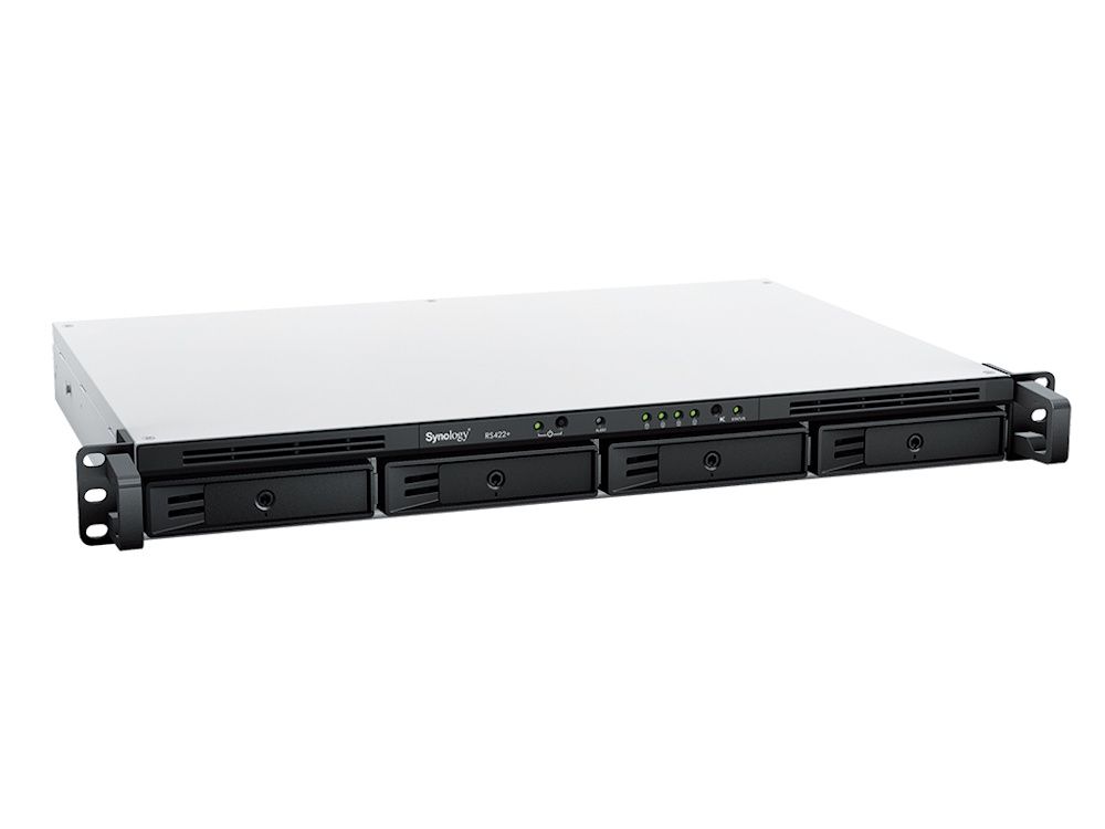 Zijaanzicht en voorkant van de Synology Rackstation RS422+ 4-Bay NAS