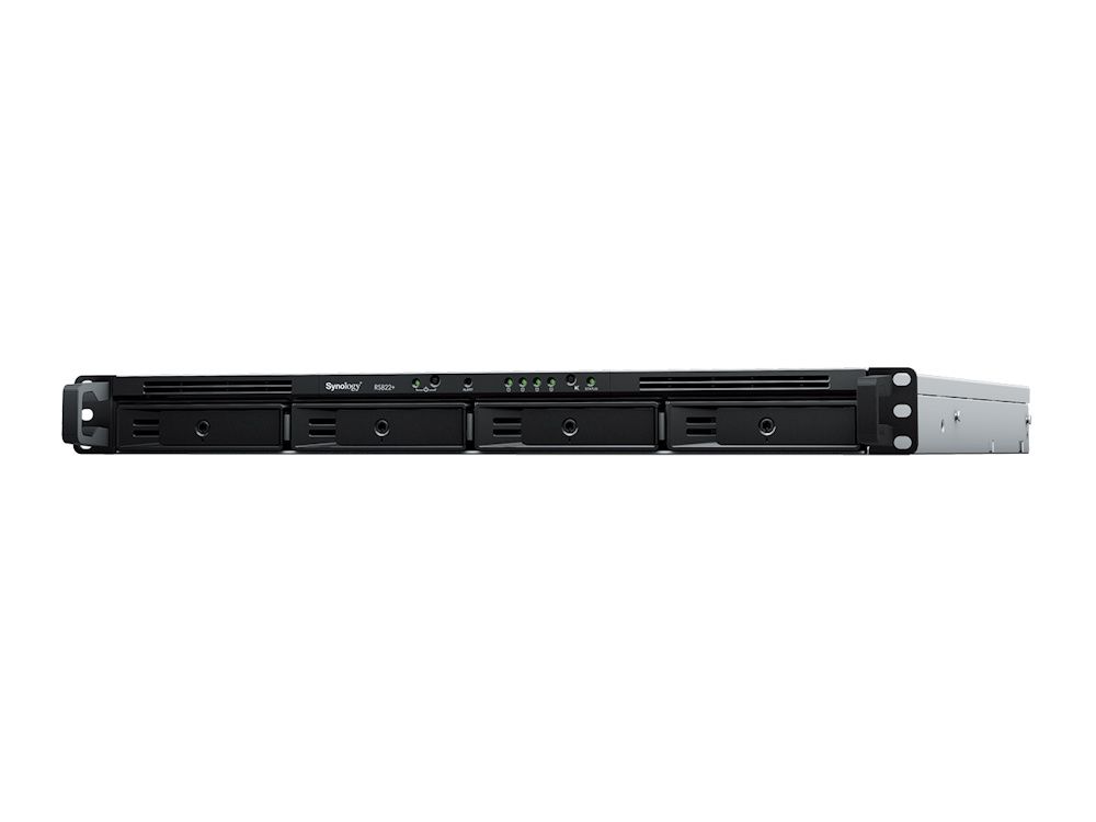 Rechter zijkant en voorkant van de Synology RackStation RS822+ uitbreidbare 4-Bay NAS voor gegevensopslag