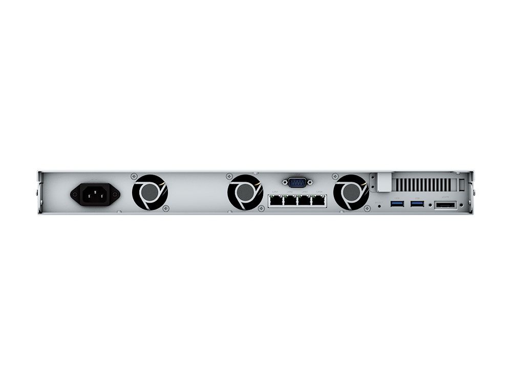 Achterkant van de Synology RackStation RS822+ uitbreidbare 4-Bay NAS voor gegevensopslag met ethernetpoorten en stroomaansluiting en ventilatoren