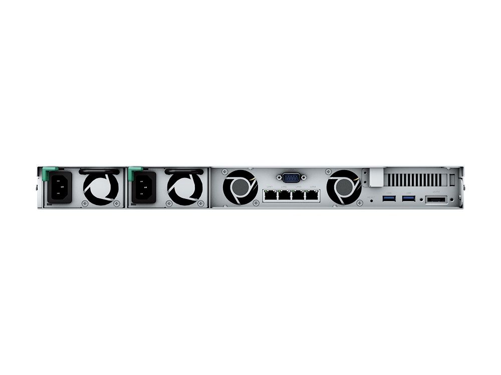 Achterkant van de Synology RackStation RS822RP+ 4-bay NAS voor gegevensbeheer met twee redundante netstroomaansluitingen