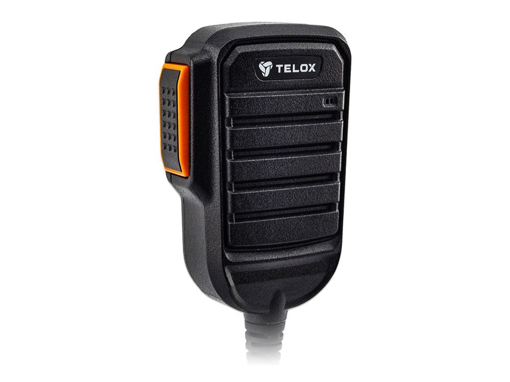 Voorkant van de Telox RM-31K handmicrofoon en linker zijkant met push to talk knop