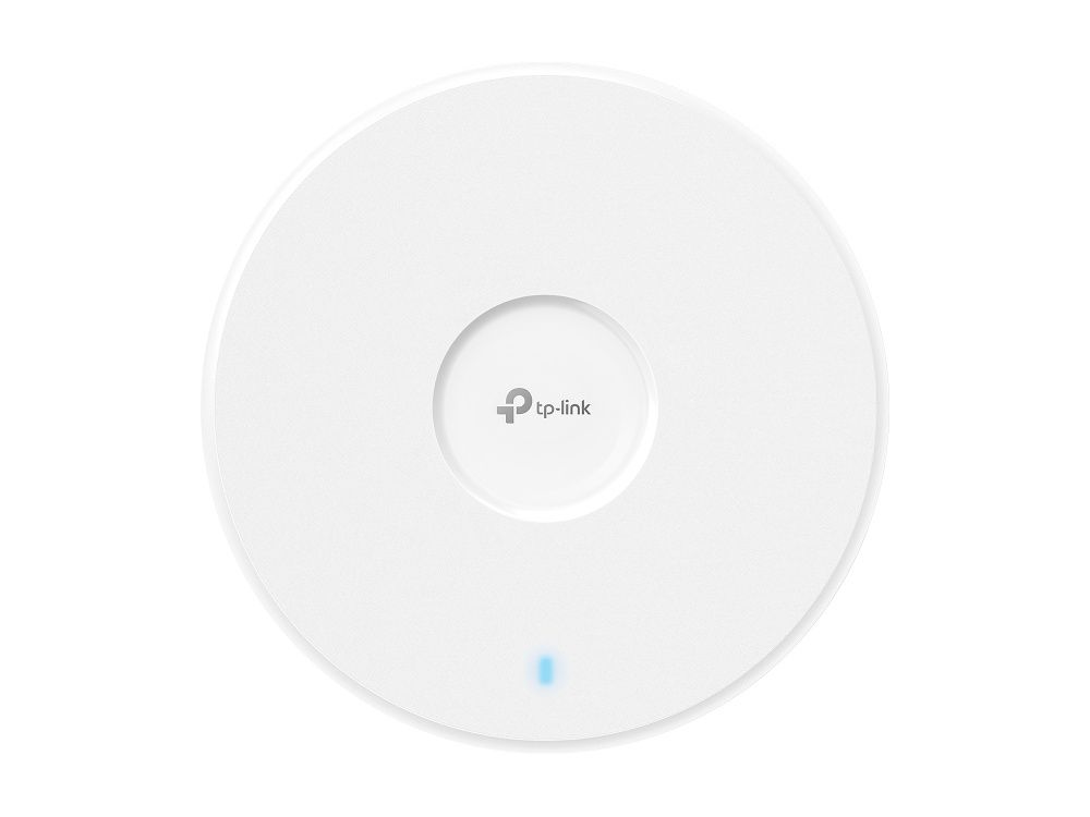 Voorkant van het Omada by TP-Link EAP723 indoor WiFi 7 access point met blauw statuslampje