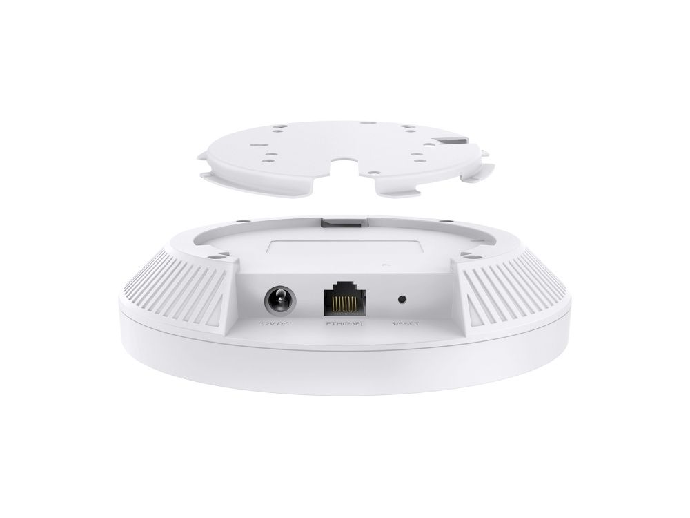Achterkant van het Omada by TP-Link EAP723 indoor WiFi 7 access point met ethernetpoort met PoE input en de stroomaansluiting en de resetpin