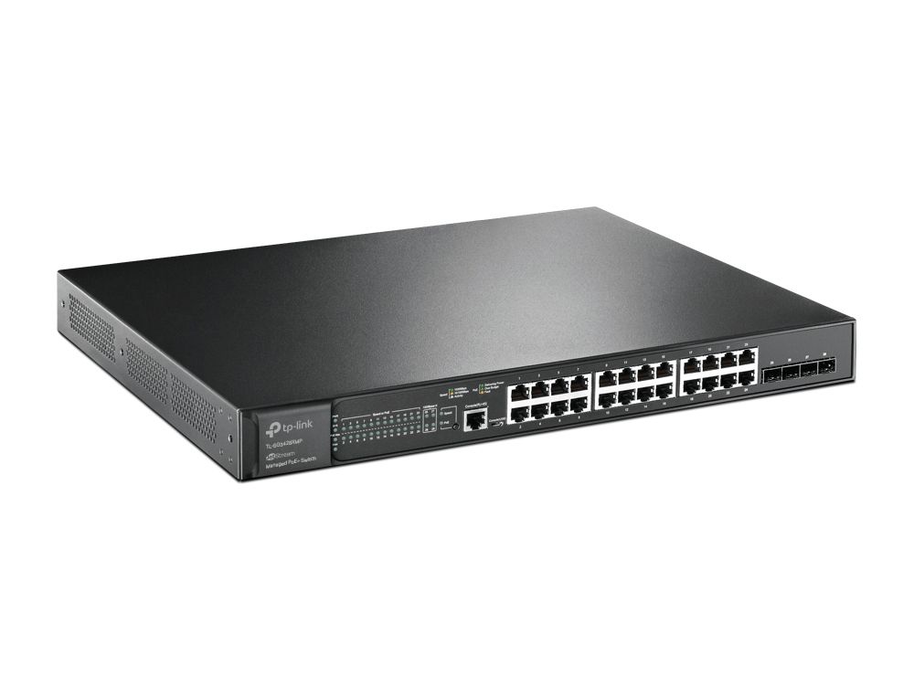 TP-Link Omada TL-SG3428XMP 24-poorts Gigabit L2 Managed Switch met PoE+ en 4x SFP+ voor- en zijkant met poorten