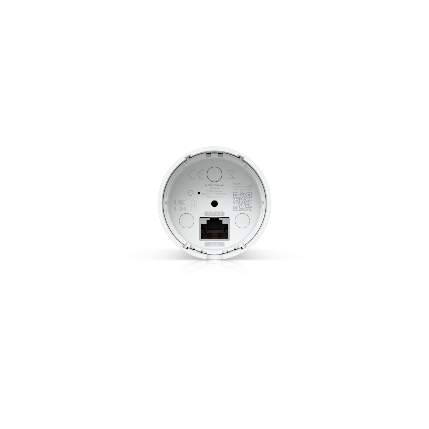 Onderkant van het Ubiquiti UniFi 7 Mesh 2x2 WiFi 7 indoor/outdoor access point met de 2.5 Gigabit LAN-poort