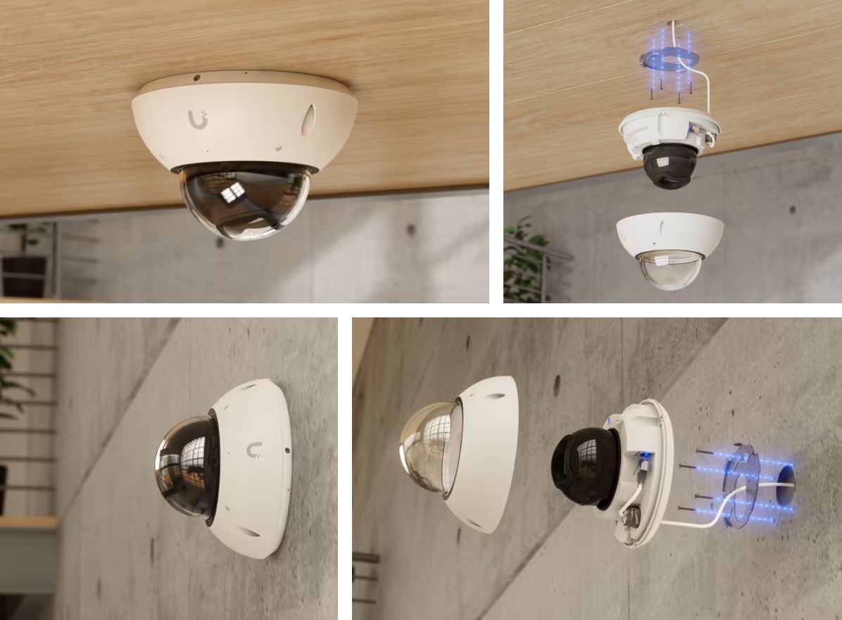 Voorbeeld installatie aan de muur of het plafond van de Ubiquiti UniFi G6 Edge Dome (UVC-G6-Edge-Dome) outdoor 4K AI camera voor camerabewaking buiten