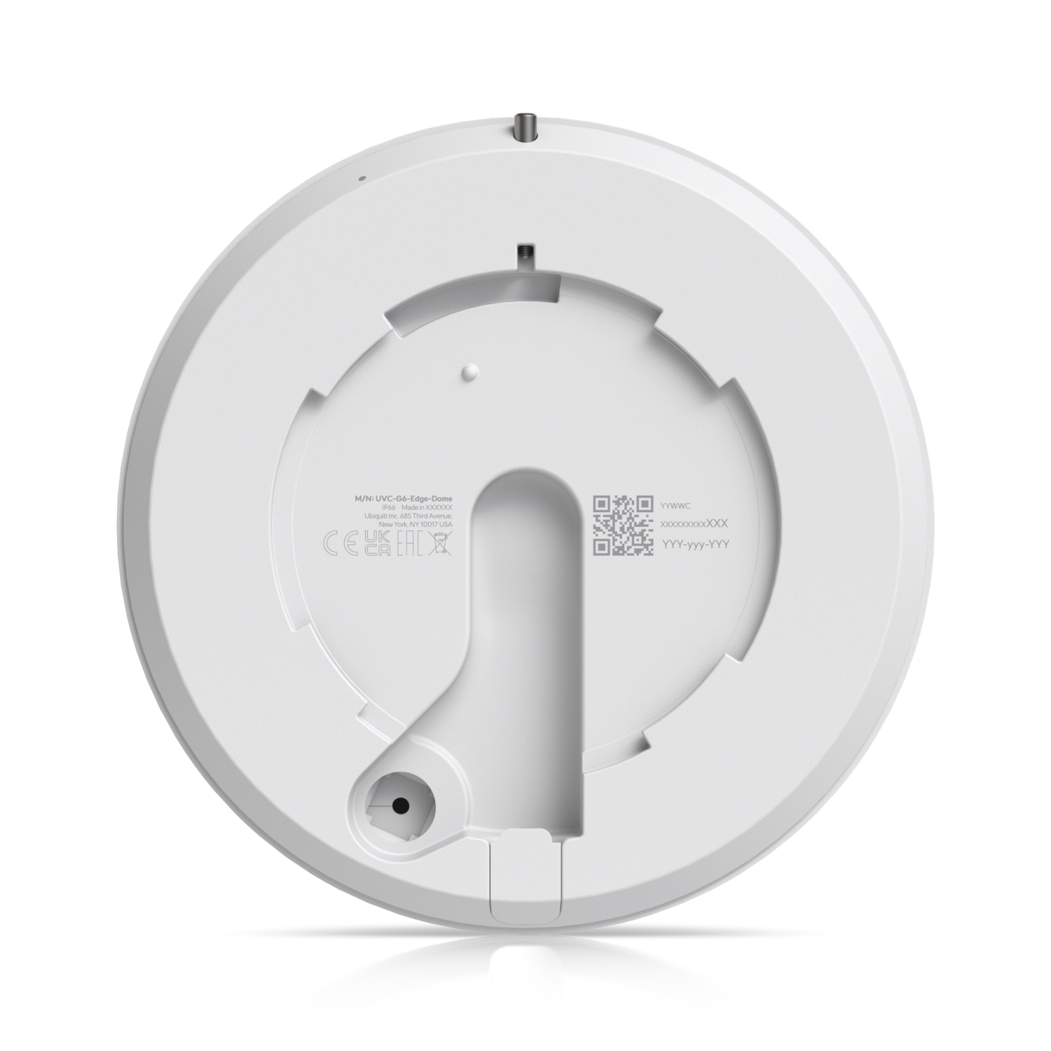 Onderkant van de Ubiquiti UniFi G6 Edge Dome (UVC-G6-Edge-Dome) outdoor 4K AI camera voor camerabewaking buiten