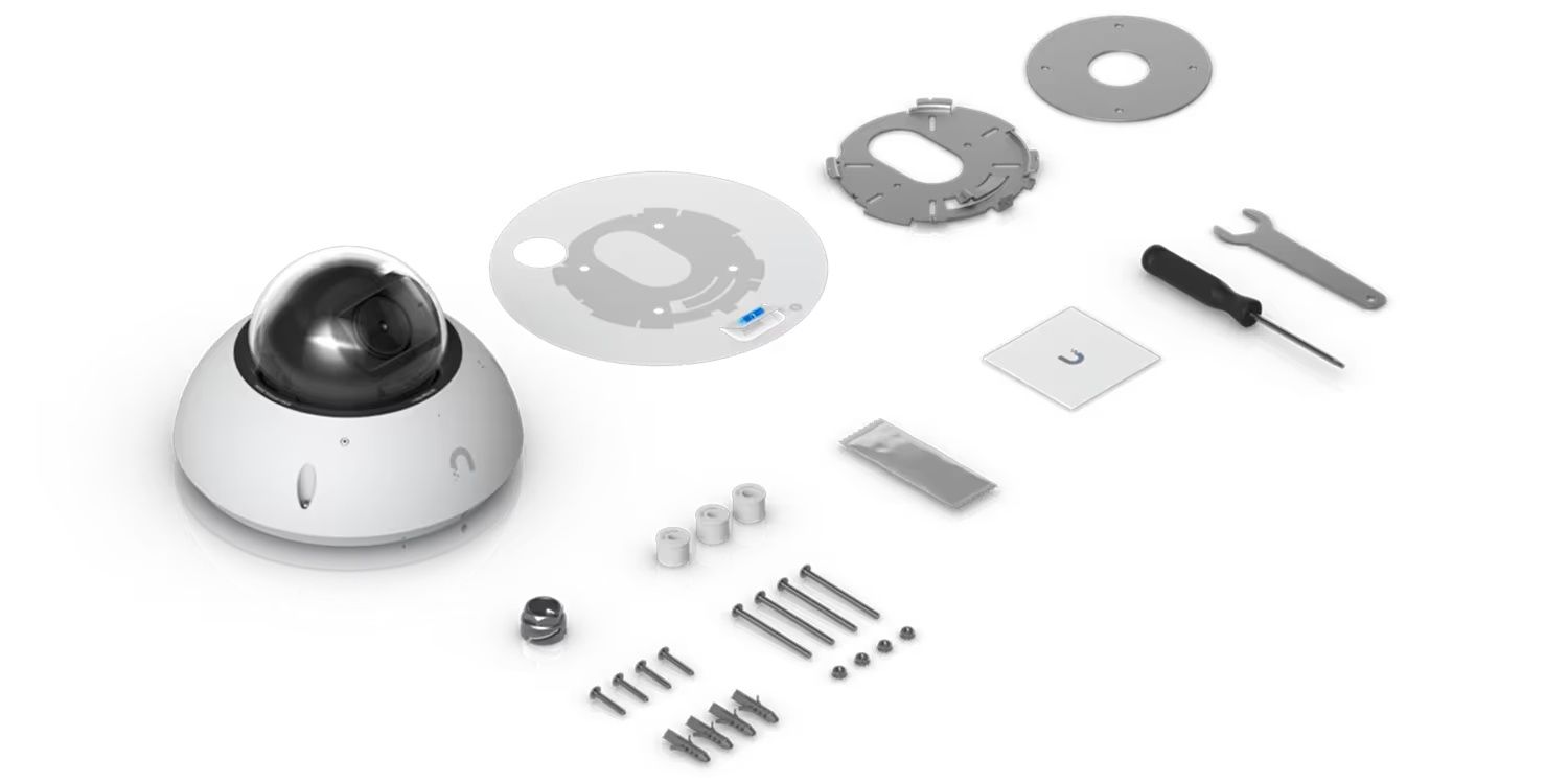 Verpakkingsinhoud van de Ubiquiti UniFi G6 Edge Dome (UVC-G6-Edge-Dome) outdoor 4K AI camera voor camerabewaking buiten