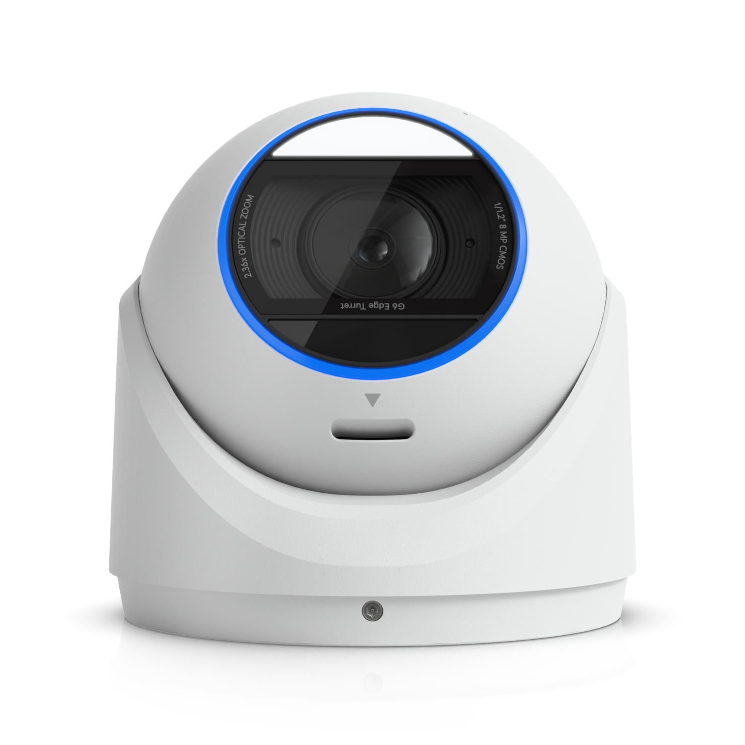 Liggende Ubiquiti UniFi G6 Edge Turret (UVC-G6-Edge-Turret) outdoor 4K AI camera voor camerabewaking buiten met lens zichtbaar