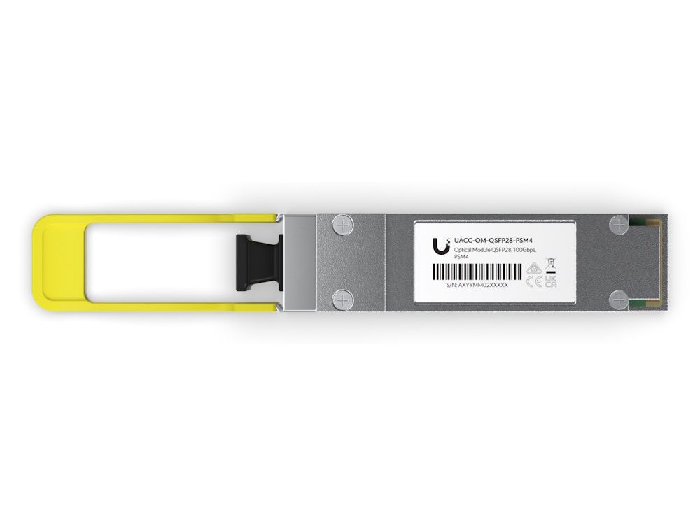 Onderkant van de Ubiquiti UACC-OM-QSFP28-PSM4 die een 100G PSM4 Single-Mode Optical Module is