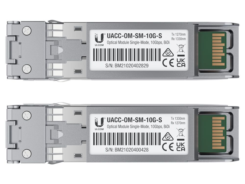 Onderkant van de twee Ubiquiti Singlemode SFP+ Modules in de vorm van de Ubiquiti UACC-OM-SM-10G-S-2