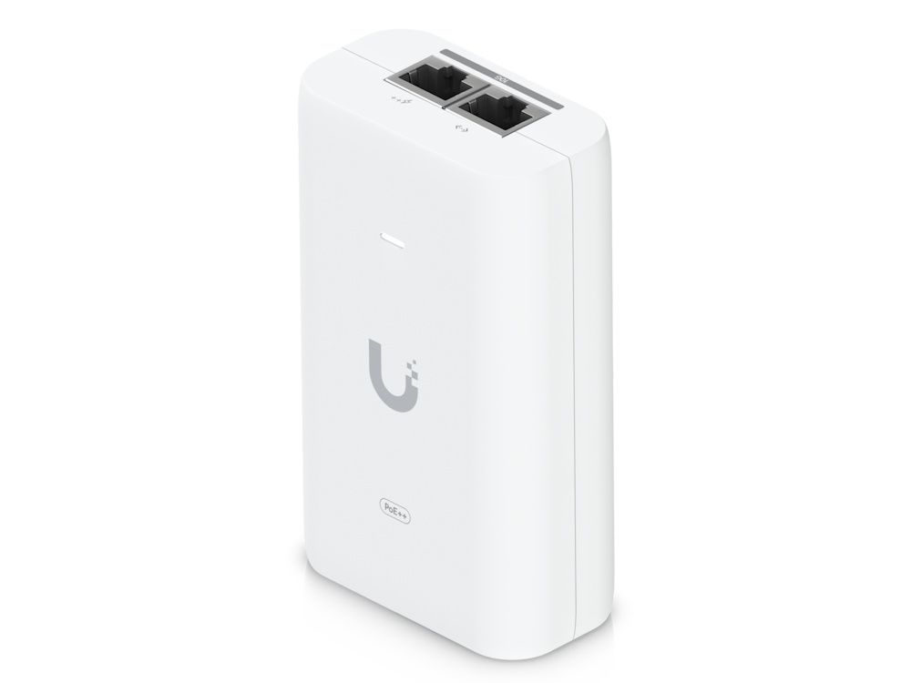 De Ubiquiti 10G 802.3bt PoE++ adapter 60W rechtop staand met de ethernetpoorten naar boven