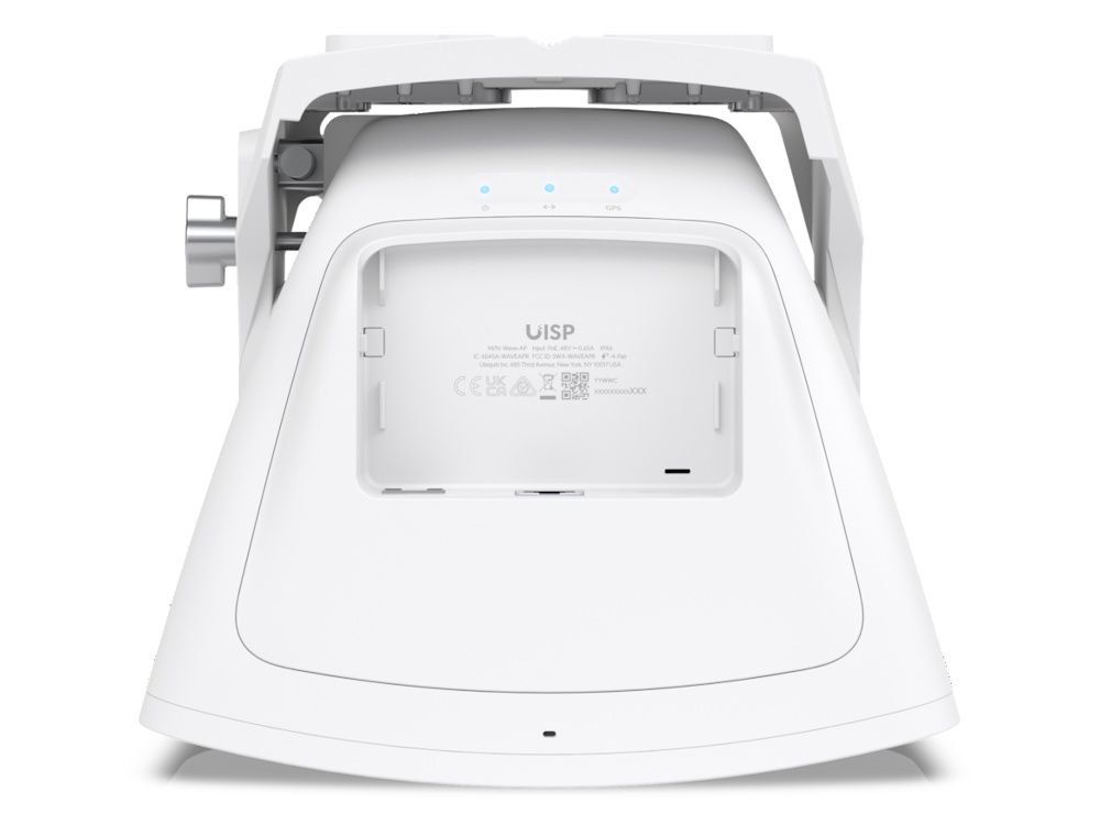 Onderkant van het Ubiquiti UISP Wave AP 60 GHz PtMP access point met UISP logo en aansluitingen en status leds