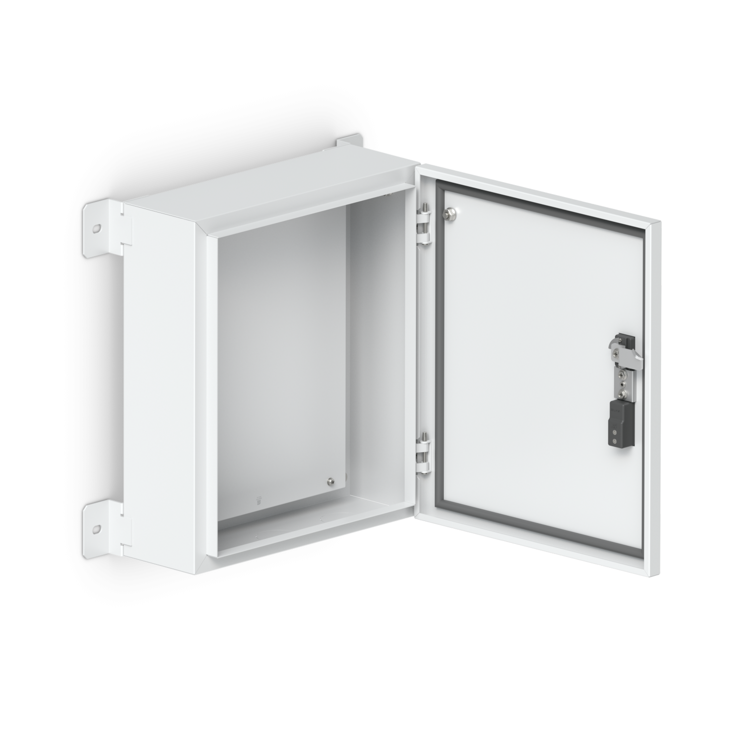 Een open Ubiquiti Access Junction Utility aan de wand gemonteerd