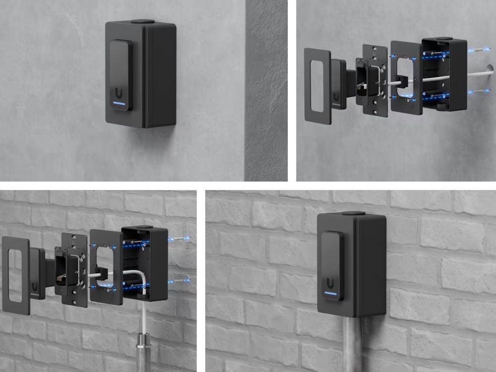 Voorbeeld van een implementatie van de Ubiquiti UniFi Access Reader Junction Box (zwart)