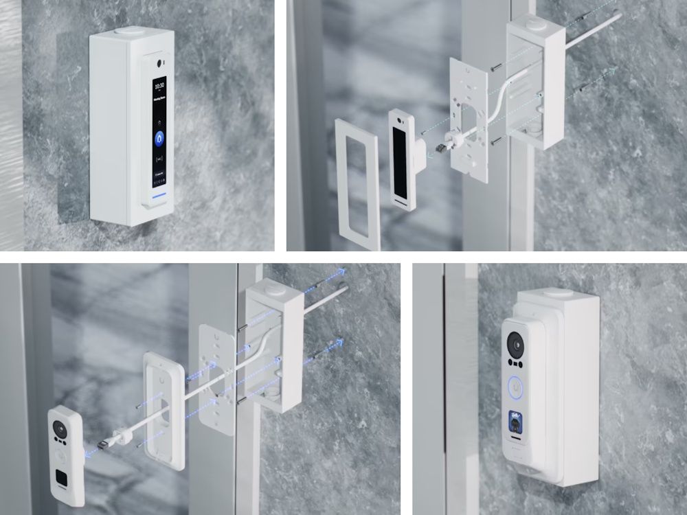 Installatievoorbeelden van UniFi Access Readers geïnstalleerd met een Ubiquiti UniFi Access Reader Pro Junction Box (wit)
