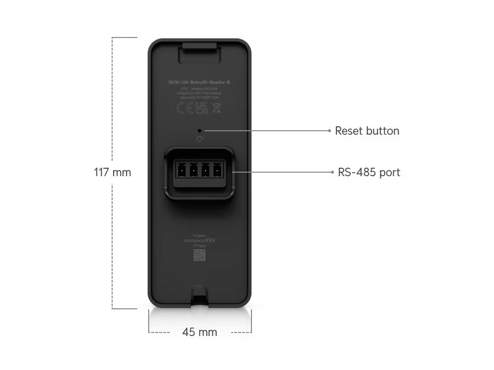 Afmetingen en specificaties van de Ubiquiti UniFi Access Retrofit Reader voor toegangscontrole