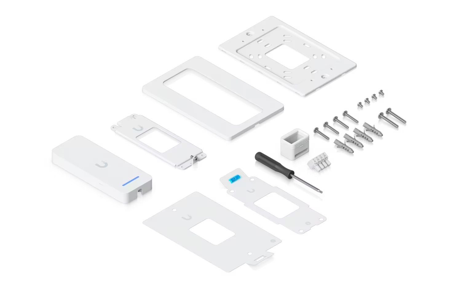 Verpakkingsinhoud van de Ubiquiti UniFi Access Retrofit Reader voor toegangscontrole