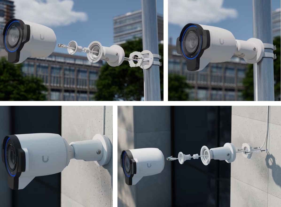 Paalmontage en muurmontage voorbeelden van de Ubiquiti UniFi G6 Edge Bullet (UVC-G6-Edge-Bullet) outdoor 4K AI camera voor camerabewaking buiten 