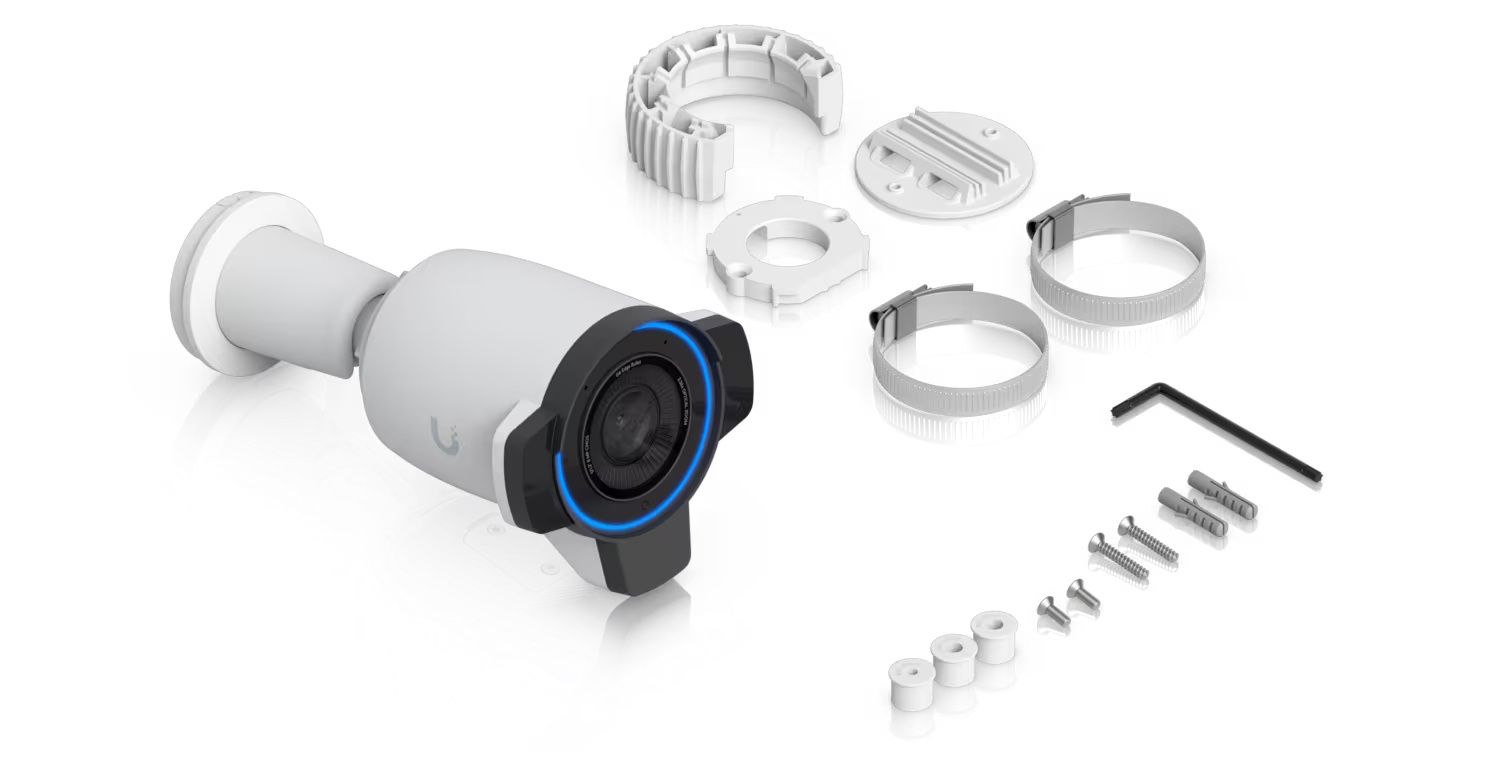 Verpakkingsinhoud van de Ubiquiti UniFi G6 Edge Bullet (UVC-G6-Edge-Bullet) outdoor 4K AI camera voor camerabewaking buiten 