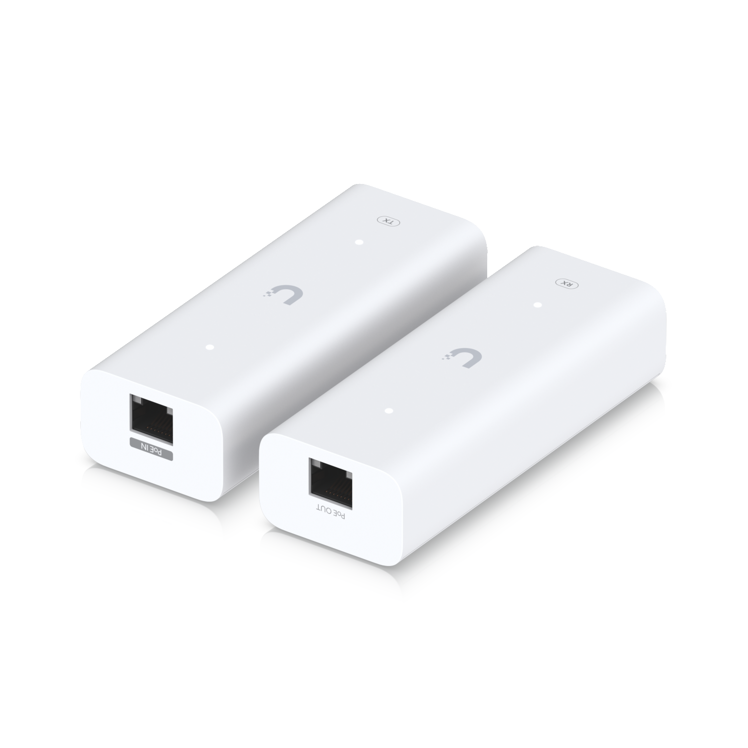 De Ubiquiti UniFi PoE Over 2-Wire Retrofit Extender set liggend met de bovenkant zichtbaar