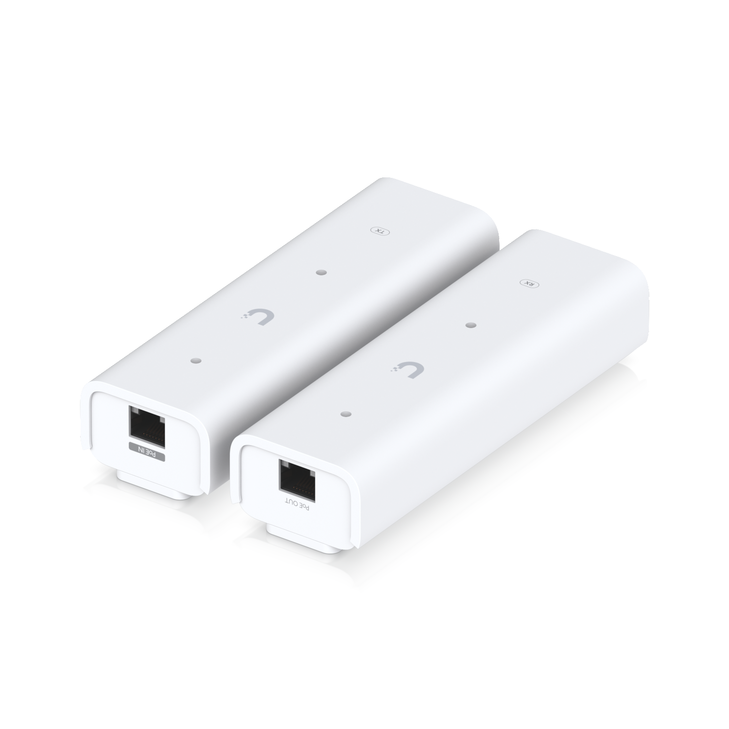 De Ubiquiti UniFi PoE Over 2-Wire Retrofit Extender set liggend met de bovenkant zichtbaar