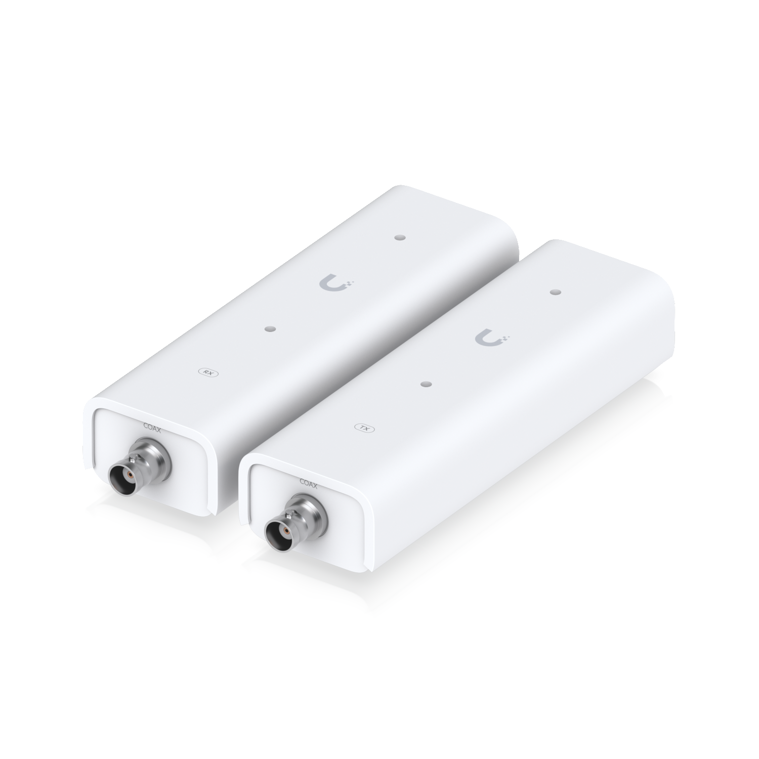 De Ubiquiti UniFi PoE Over 2-Wire Retrofit Extender set liggend met de onderkant zichtbaar met coax aansluiting