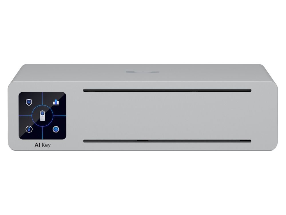Voorkant en bovenkant van de Ubiquiti UniFi Protect AI Key met touchscreen