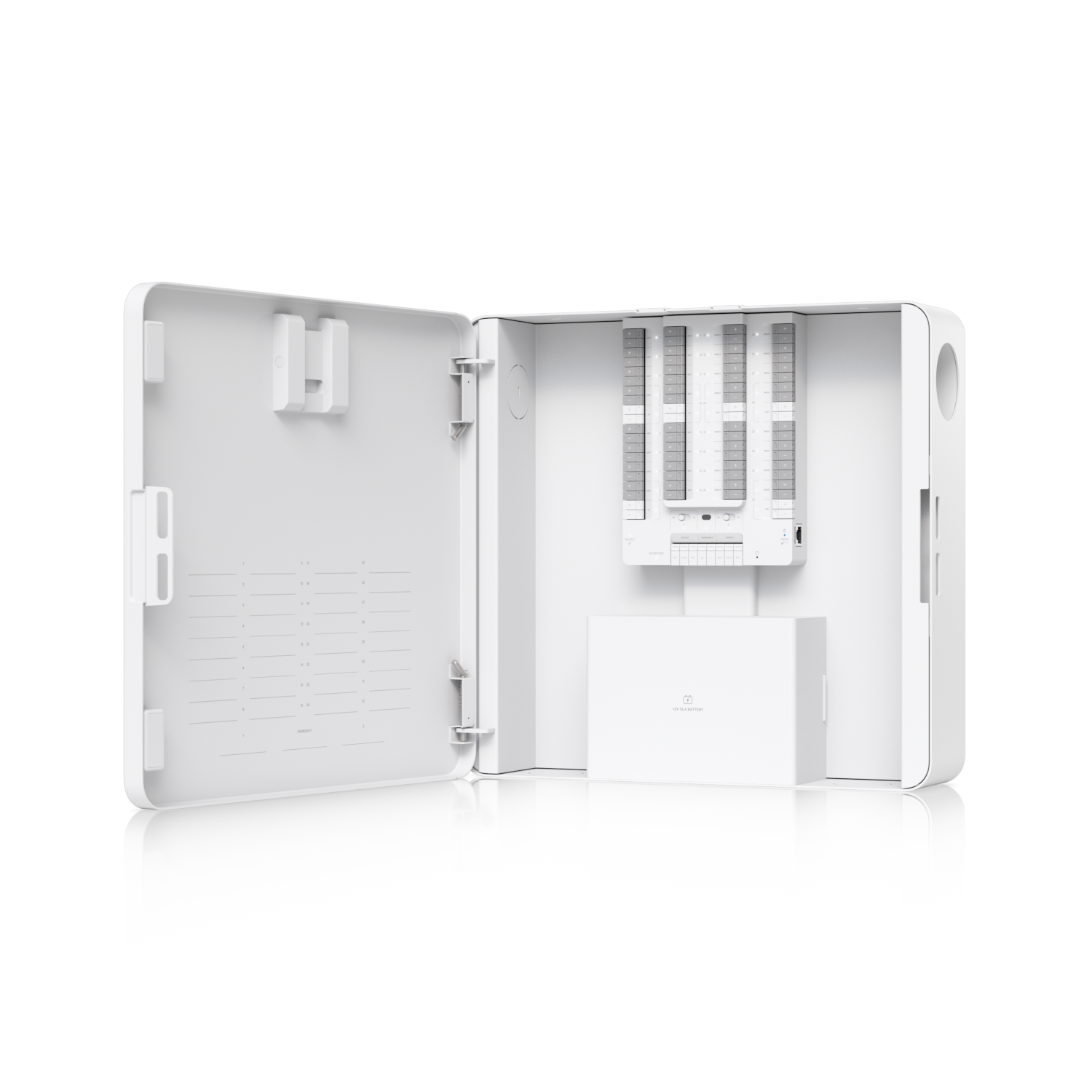 De Ubiquiti UniFi Protect Alarm Hub Kit met de deur van de indoor behuizing open