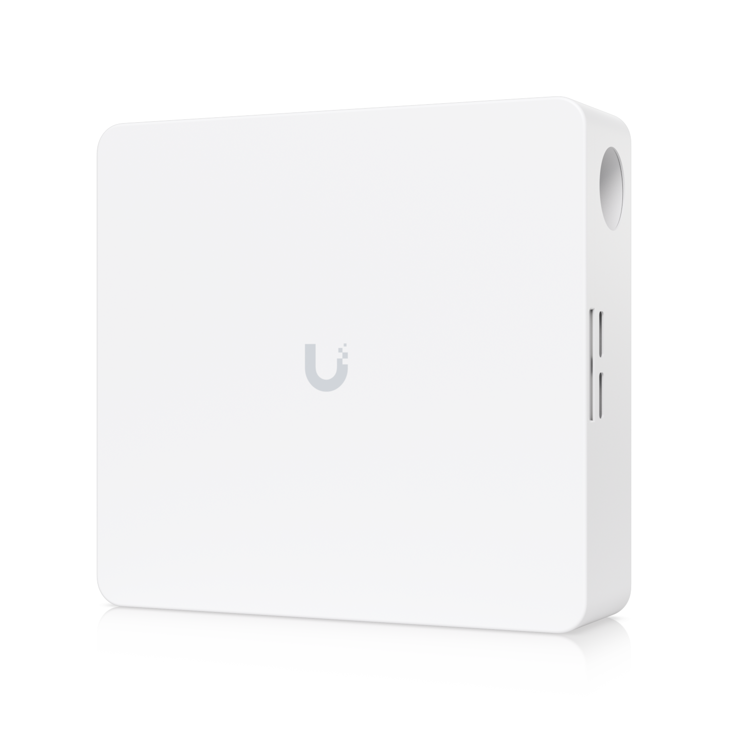 Rechter zijkant en voorkant van de gesloten Ubiquiti UniFi Protect Alarm Hub Kit met indoor behuizing