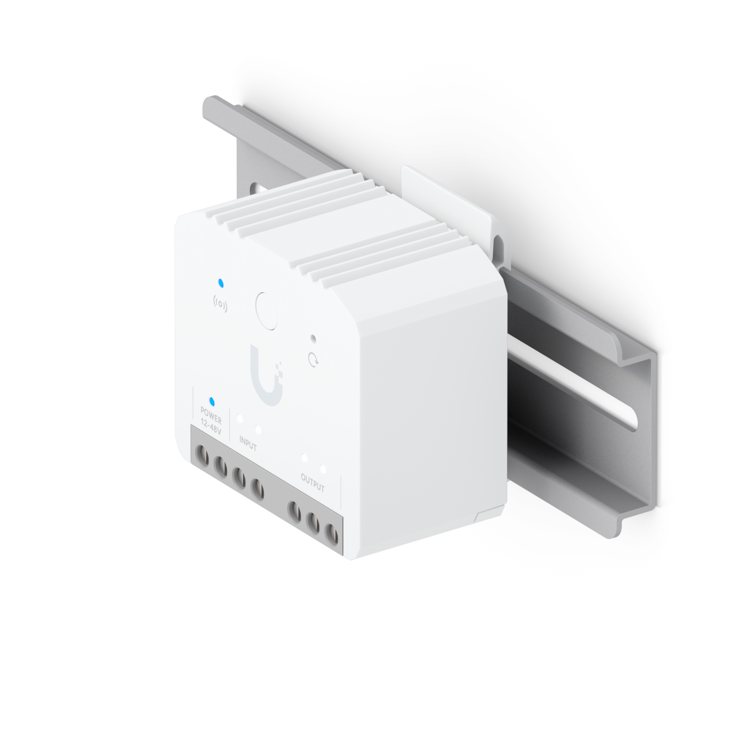 De compacte Ubiquiti UniFi Protect SuperLink Relay (USL-Relay) op een rail gemonteerd