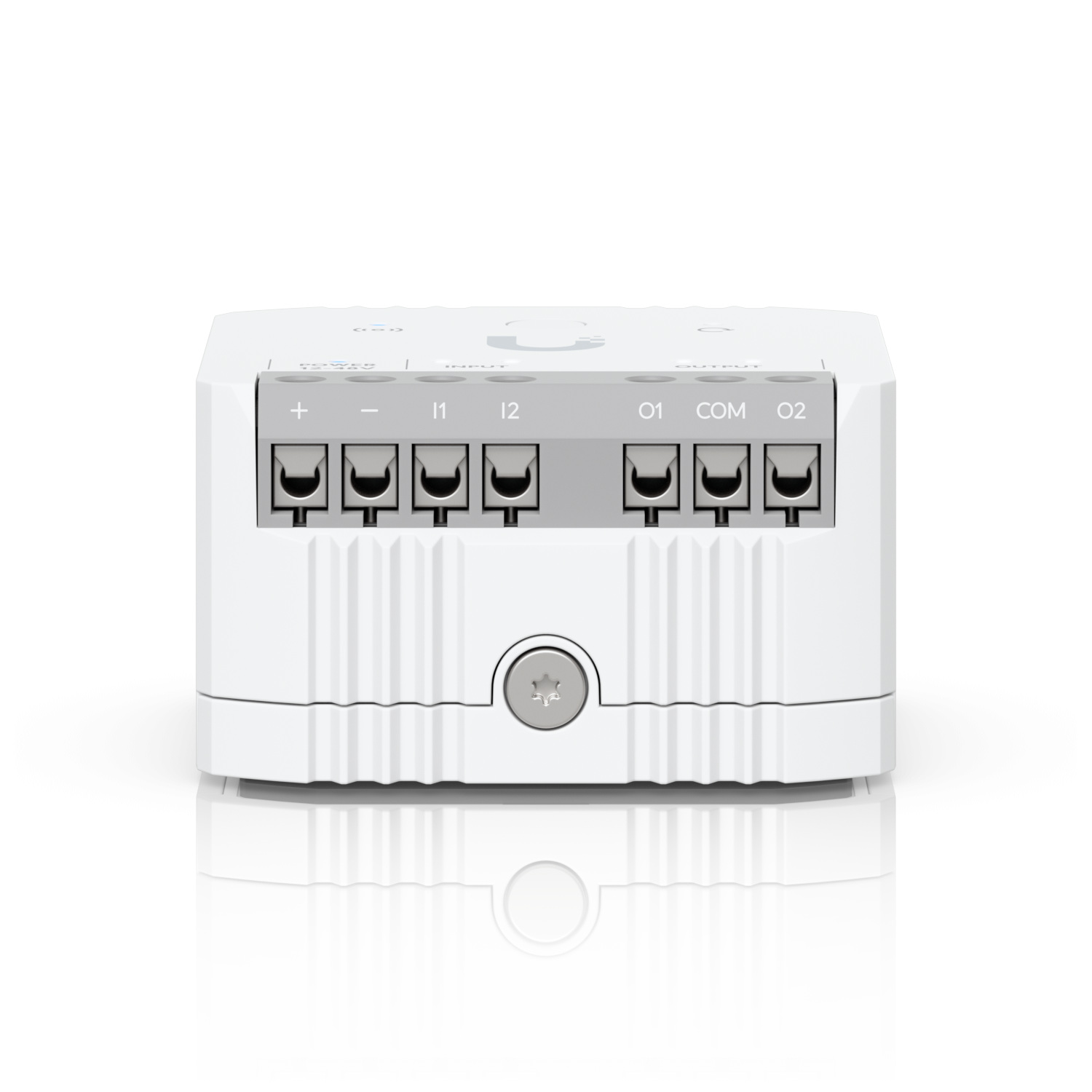 Bovenkant van de compacte Ubiquiti UniFi Protect SuperLink Relay (USL-Relay) met ingangen en uitgangen