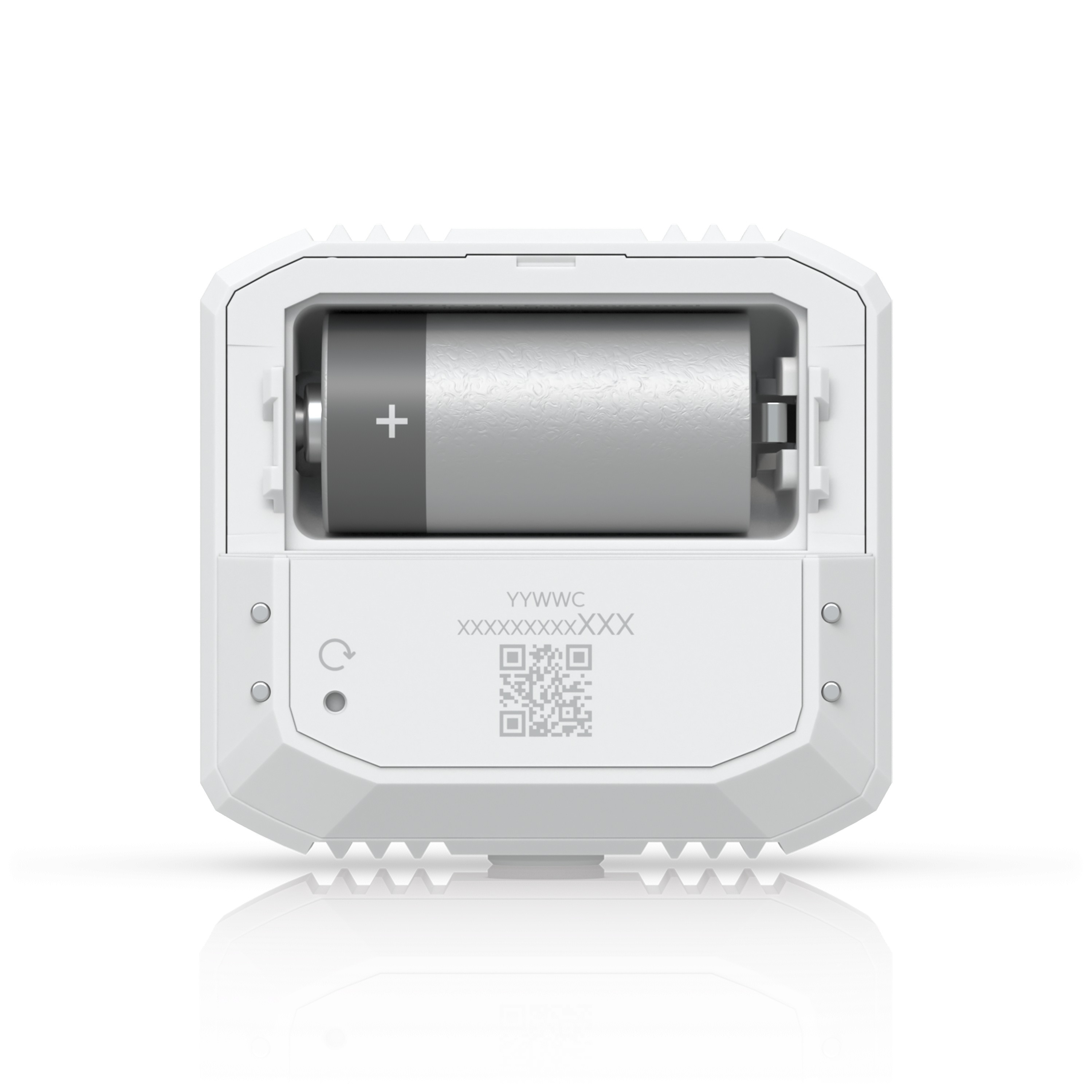 Achterkant van de Ubiquiti UniFi Protect Environmental Sensor met de batterij zichtbaar