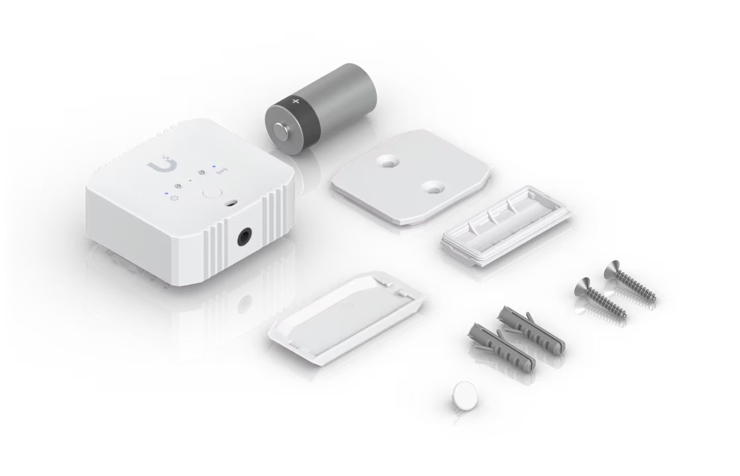 Verpakkingsinhoud van de Ubiquiti UniFi Protect Environmental Sensor die omgevingsfactoren detecteert