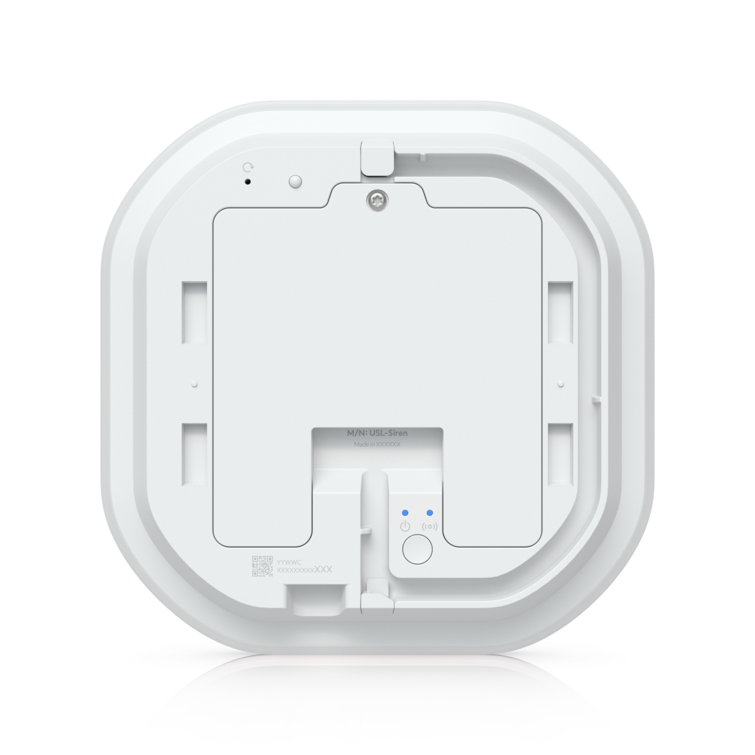 Achterkant van de Ubiquiti UniFi SuperLink Siren, wat een sirene voor een alarm is
