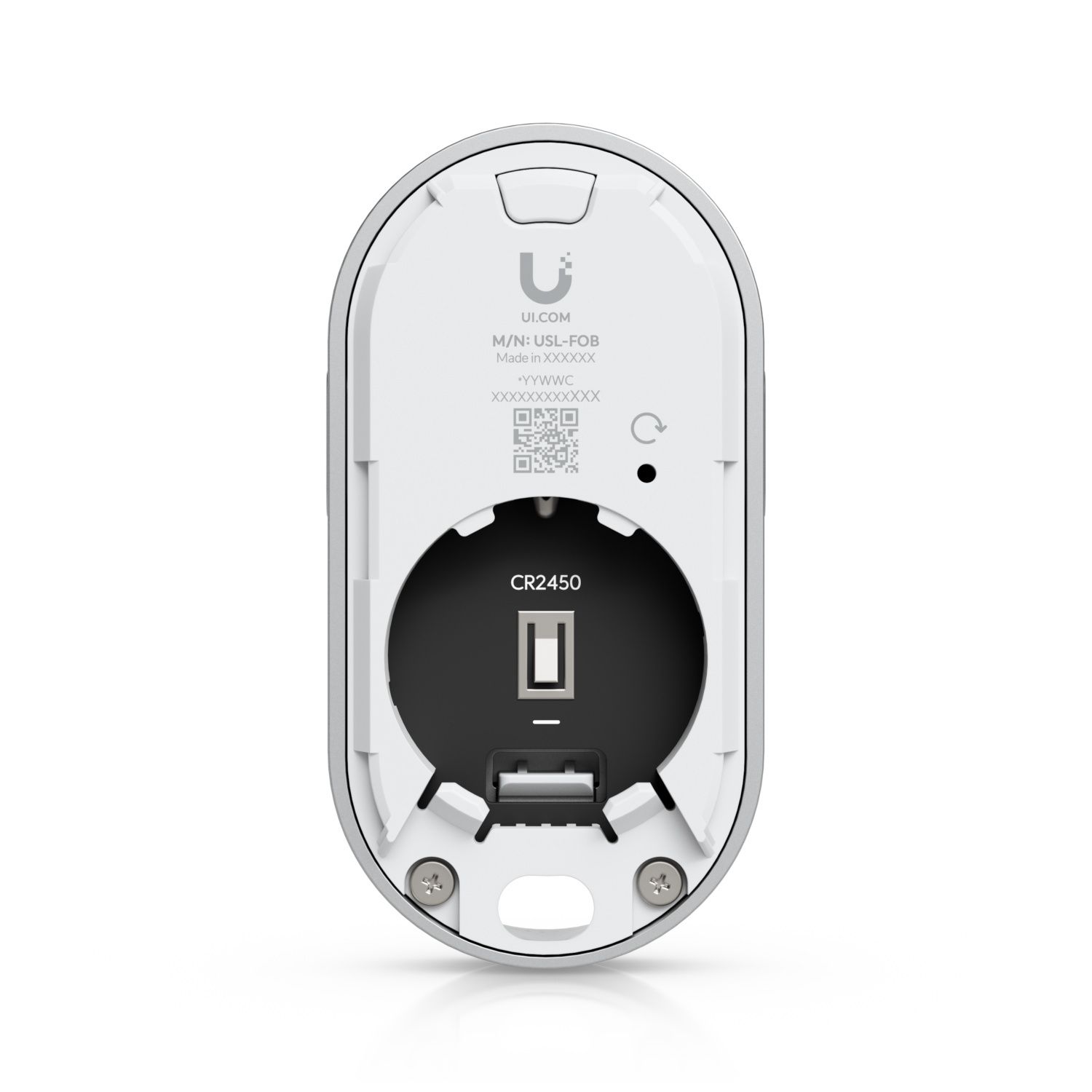 Achterkant en binnenkant van de Ubiquiti UniFi SuperLink Remote Control KeyFob (USL-FOB) zonder batterij