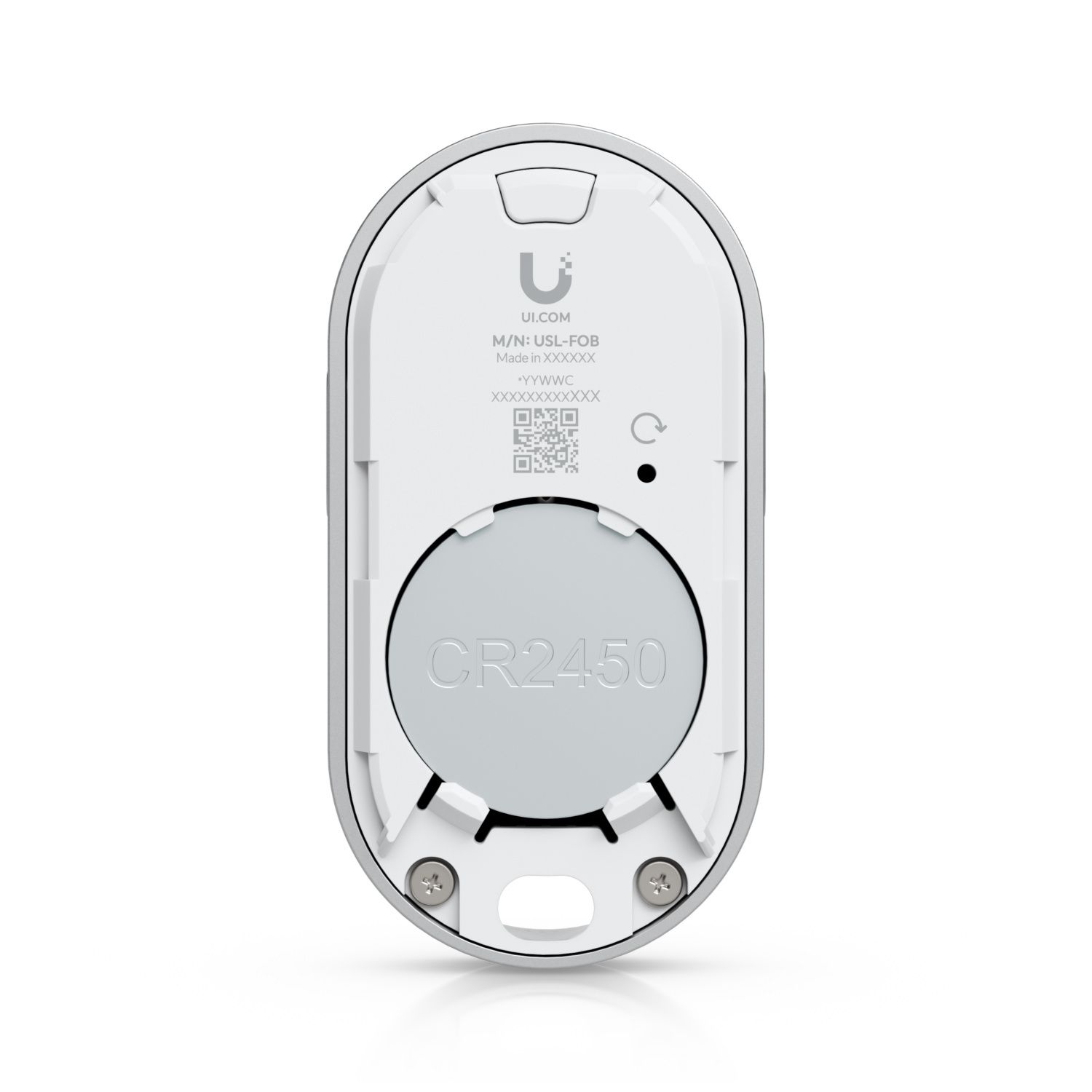 Achterkant van de Ubiquiti UniFi SuperLink Remote Control KeyFob (USL-FOB) met CR2450 batterij zichtbaar