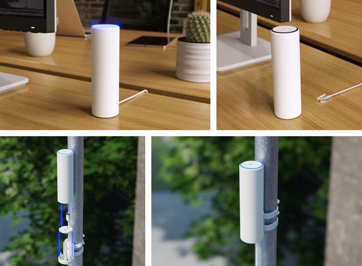 Toepassingen van het Ubiquiti UniFi 7 Mesh 2x2 WiFi 7 indoor/outdoor access point buiten aan een paal gemonteerd en binnen op een bureau geplaatst