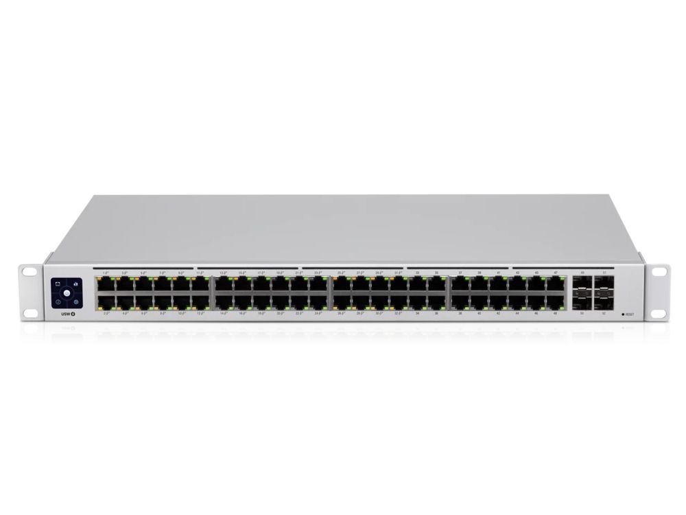 Bovenkant en voorkant van de Ubiquiti UniFi USW-48-POE Gen2 managed 48-poorts PoE+ netwerk switch